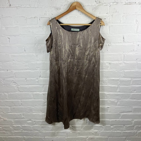 Geren Ford Women's Silk Cold Shoulder Party Mini Dress Short Sleeves Brown Large - Picture 1 of 5